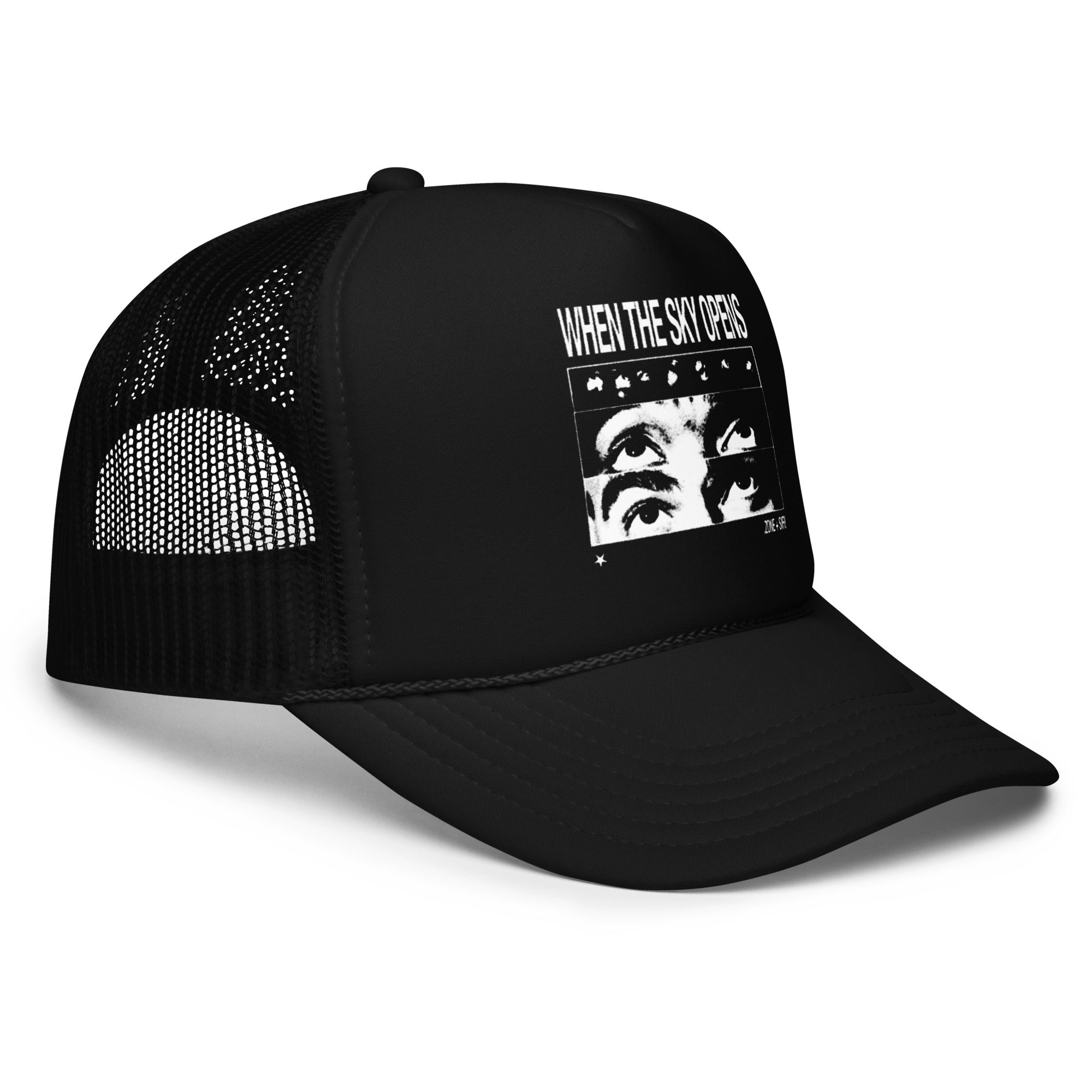When The Sky Opens Black Trucker Hat with Album Cover